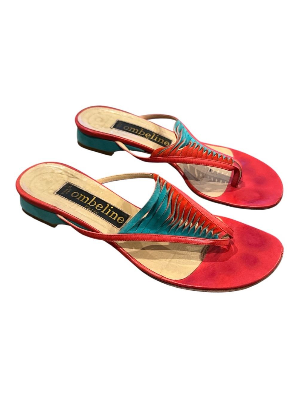 Ombeline Paris Italian Leather Colorblock Thong Slide Sandals Red Teal Size 37.5